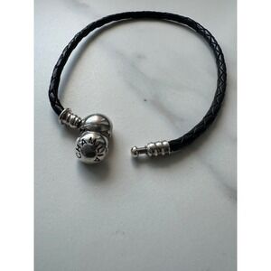 Chamilia Black Braided Leather Bracelet Sterling Silver 925 Snap Clasp 8.25in